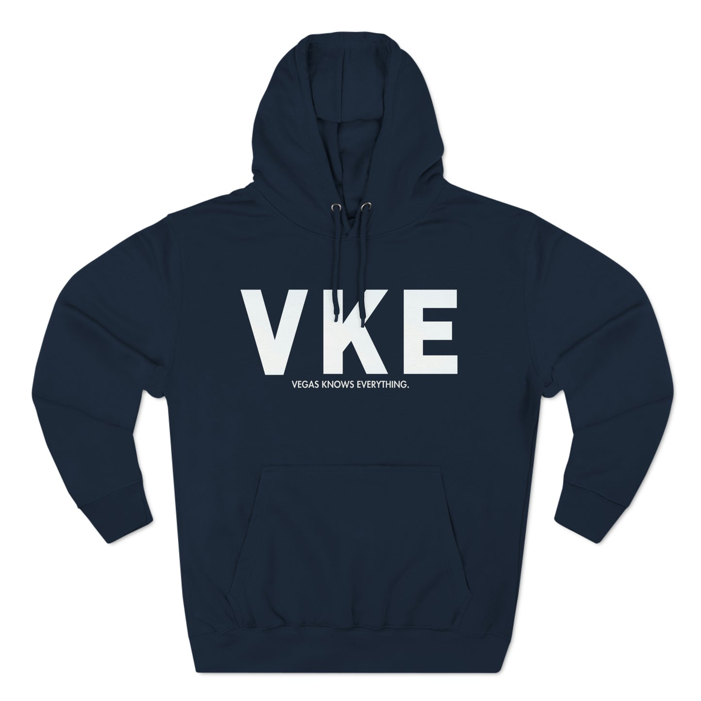 VKE logo with Vegas Knows Everything below in a single line plain font. Navy hoodie.