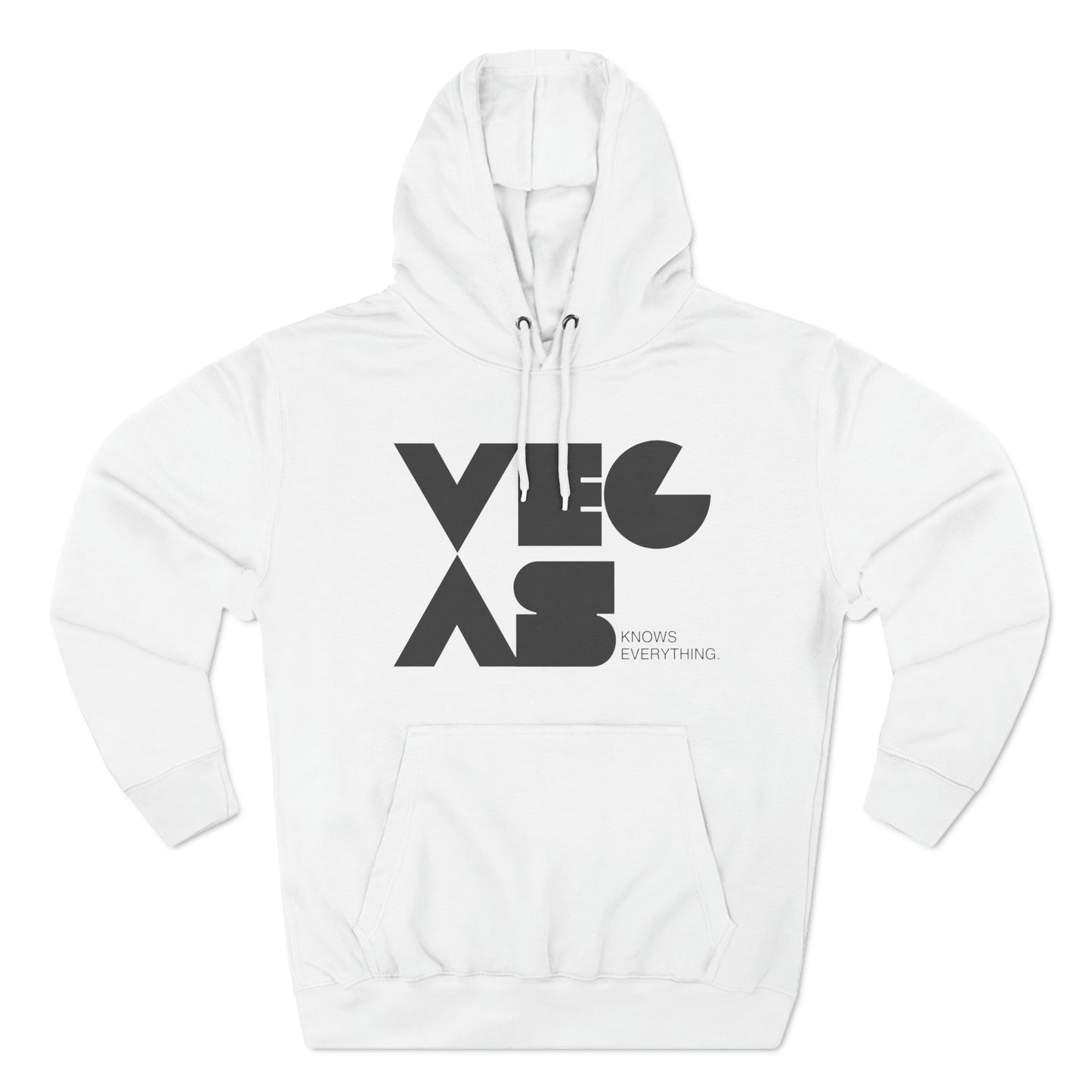 White premium pullover hoodie Vegas Knows Everything Modern Block design.