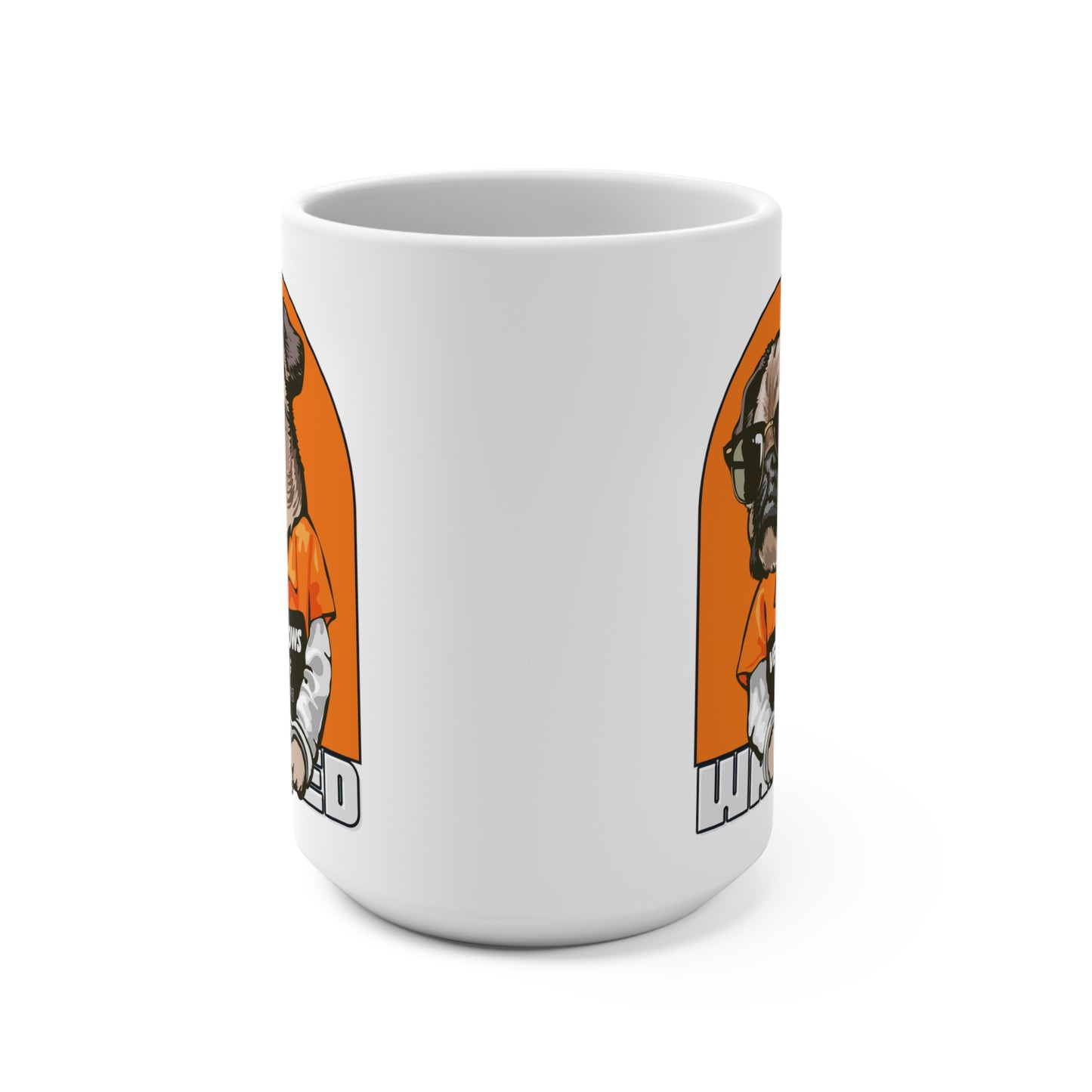 15 oz white ceramic mug with c-shaped handle. Design: Pug wearing sunglasses mug shot. Side view.