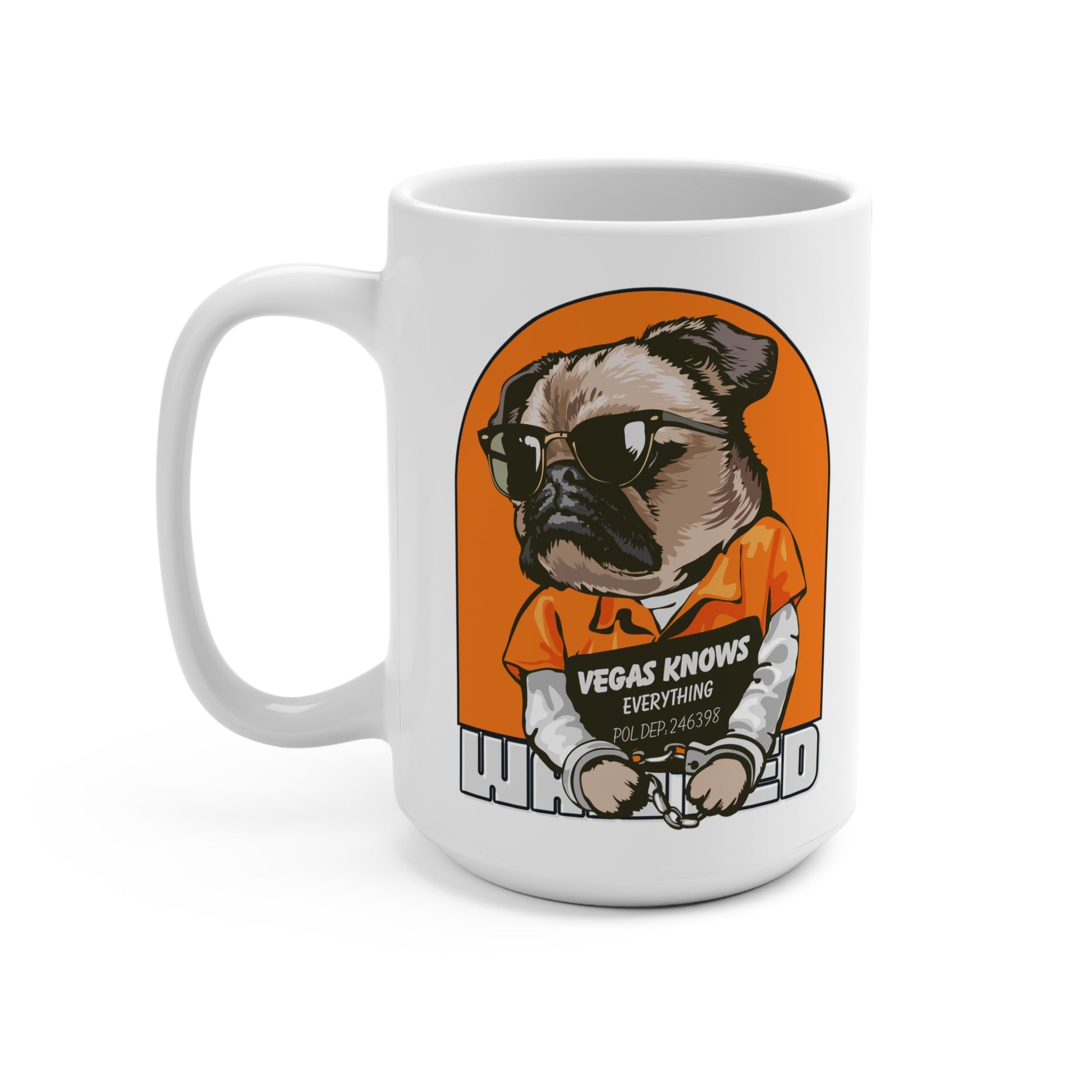 15 oz white ceramic mug with c-shaped handle. Design: Pug wearing sunglasses mug shot.