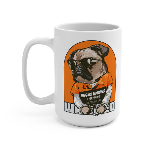 15 oz white ceramic mug with c-shaped handle. Design: Pug wearing sunglasses mug shot.