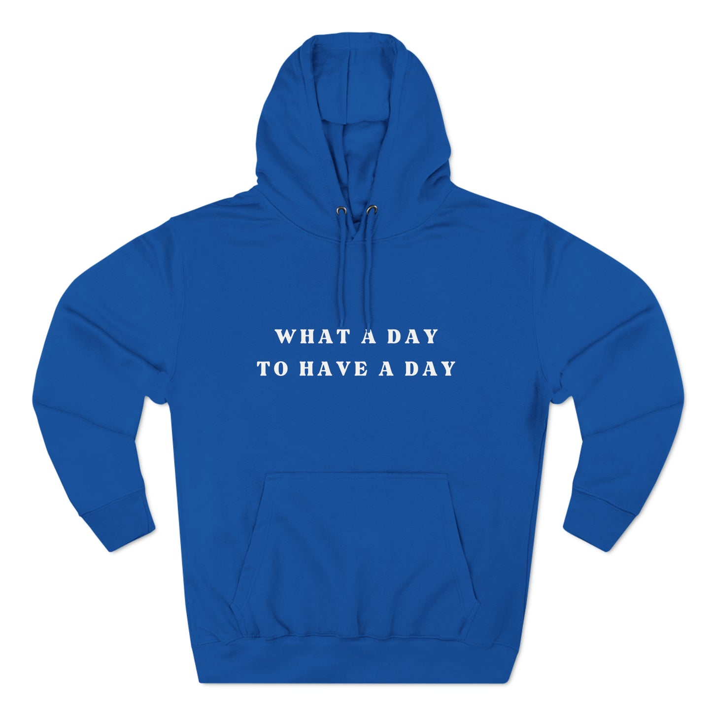 "What a Day to Have a Day" large two line front print.  True Blue sweatshirt - White Design.